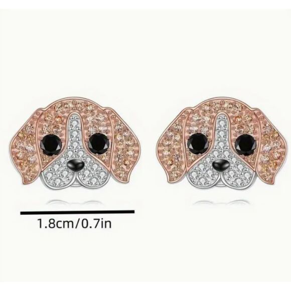 Rhinestone Beagle Dog Stud Earrings Amber White - Picture 2 of 5